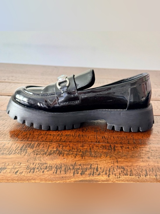 Call It Spring Shoes - Call It Spring Black Patent Vegan Lug-Sole Loafer with Silver Rhinestones SZ.8.5